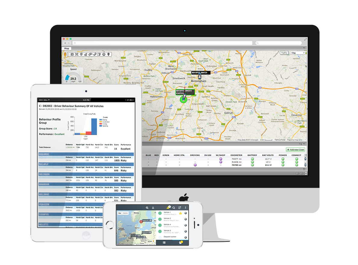 FleetMotus Software Screen Mock iPhone, iPad, Mac with different layouts on each screen