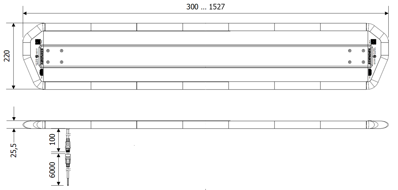 LB200 Lightbar Dimensions showing 220mm width, 300 - 1527mm length and 25.5mm height