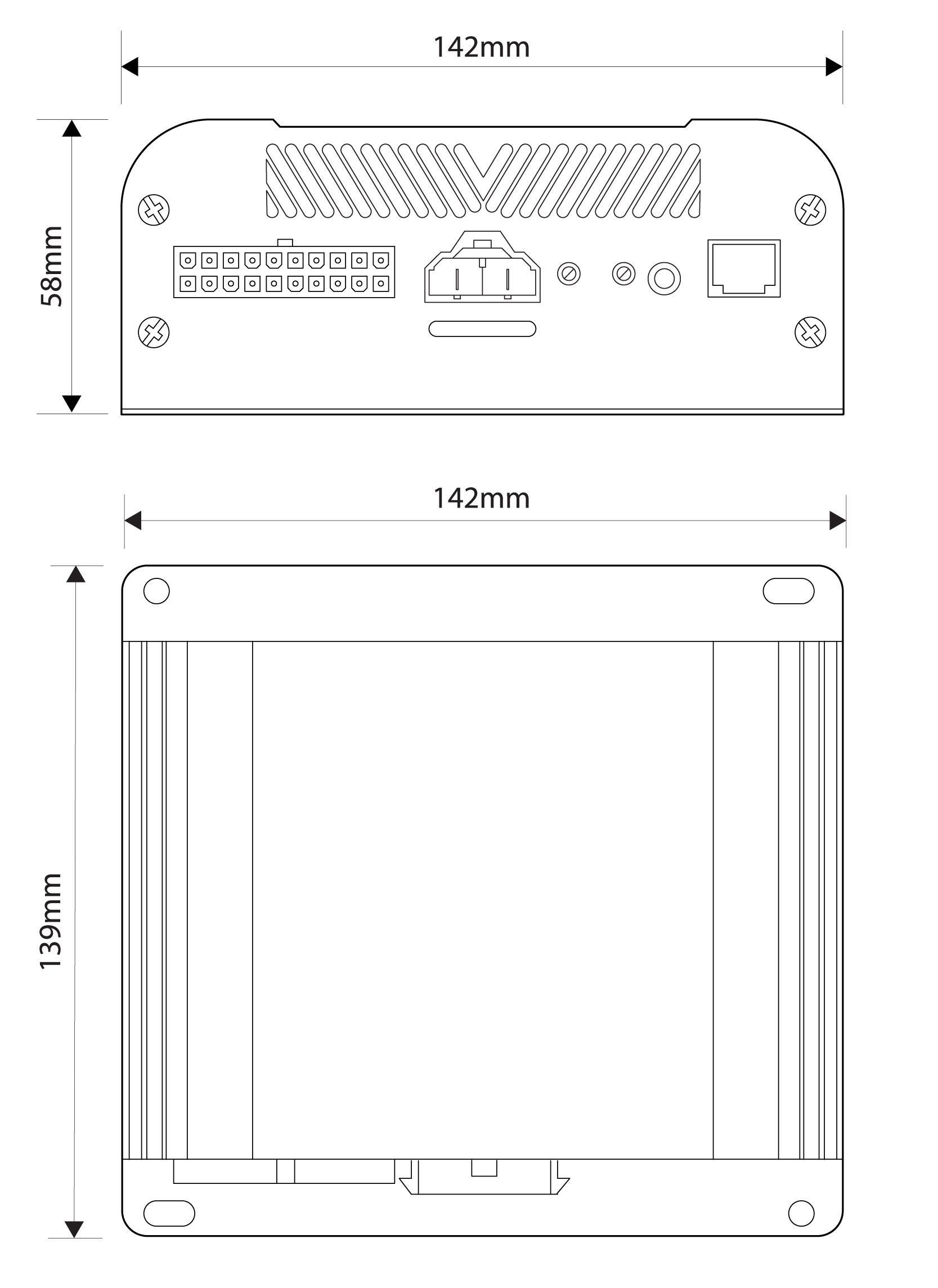 UNI-SIR-D20 MCS-DDSA 200 Watt Digital Siren Dimensions Illustration Showing 142mm Width, 139mm Height and 58mm Depth