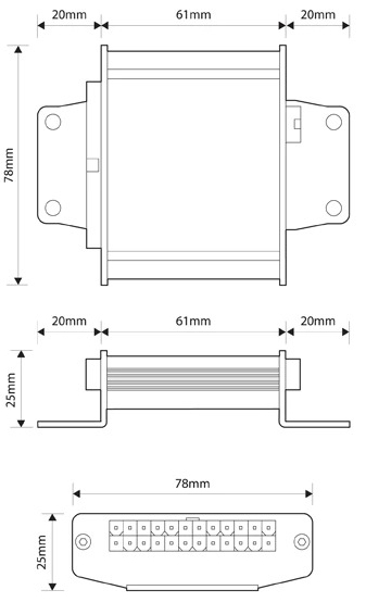 UNI-LBC-001 MCS-LBC10 High Current Lighting Breakout Controller Dimensions Illustration Showing 101/61mm Width, 78mm Height and 25mm Depth