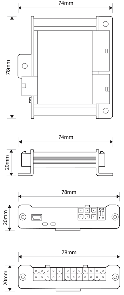 Low-Current Lighting Breakout Controller Dims Showing w74mm x h78mm x d20mm