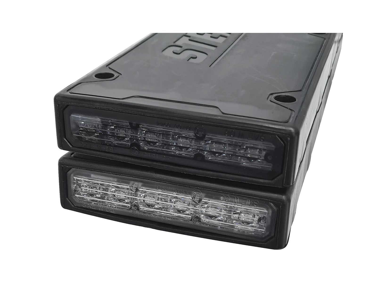 Stealth Reg Plate - Flexible Body Smoked and Clear Lens Comparison Stacked