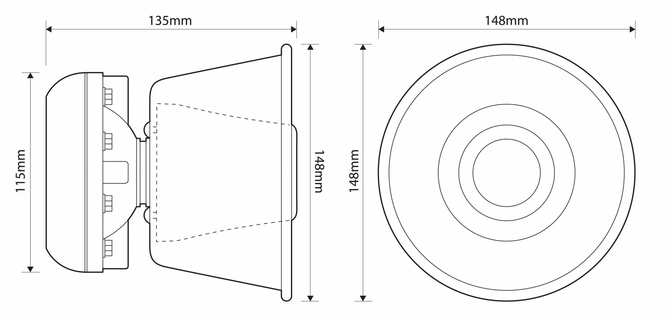 LSP-210-01 100 Watt Round Speaker Dimensions Illustration Showing 115mm Height, 135mm Depth and 148mm Diameter