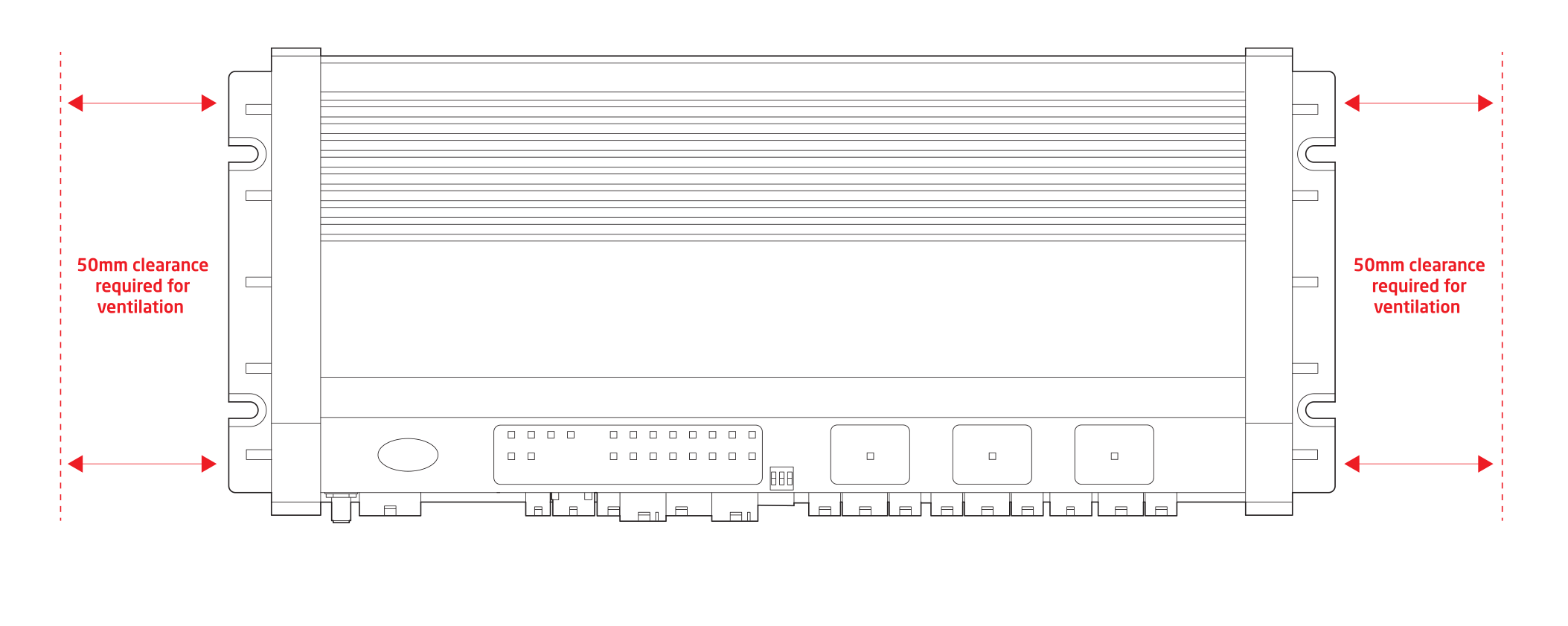 MCS-NX32 Ventilation Clearance Dimensions showing 50mm clearance requirement each side