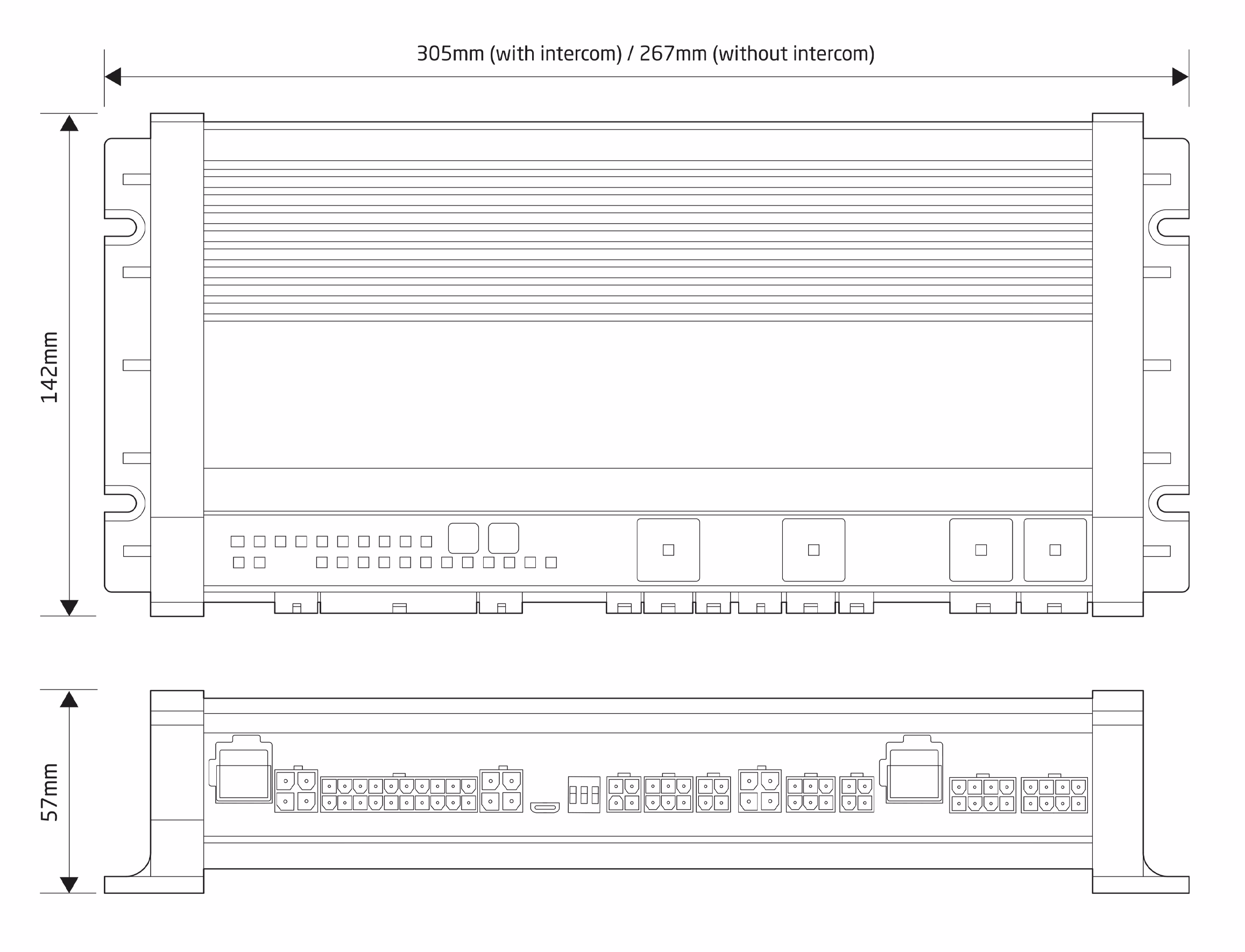 MCS-NXE-28 Dimensions Drawing showing l305mm (or 267mm without intercom) x w142mm x h57mm
