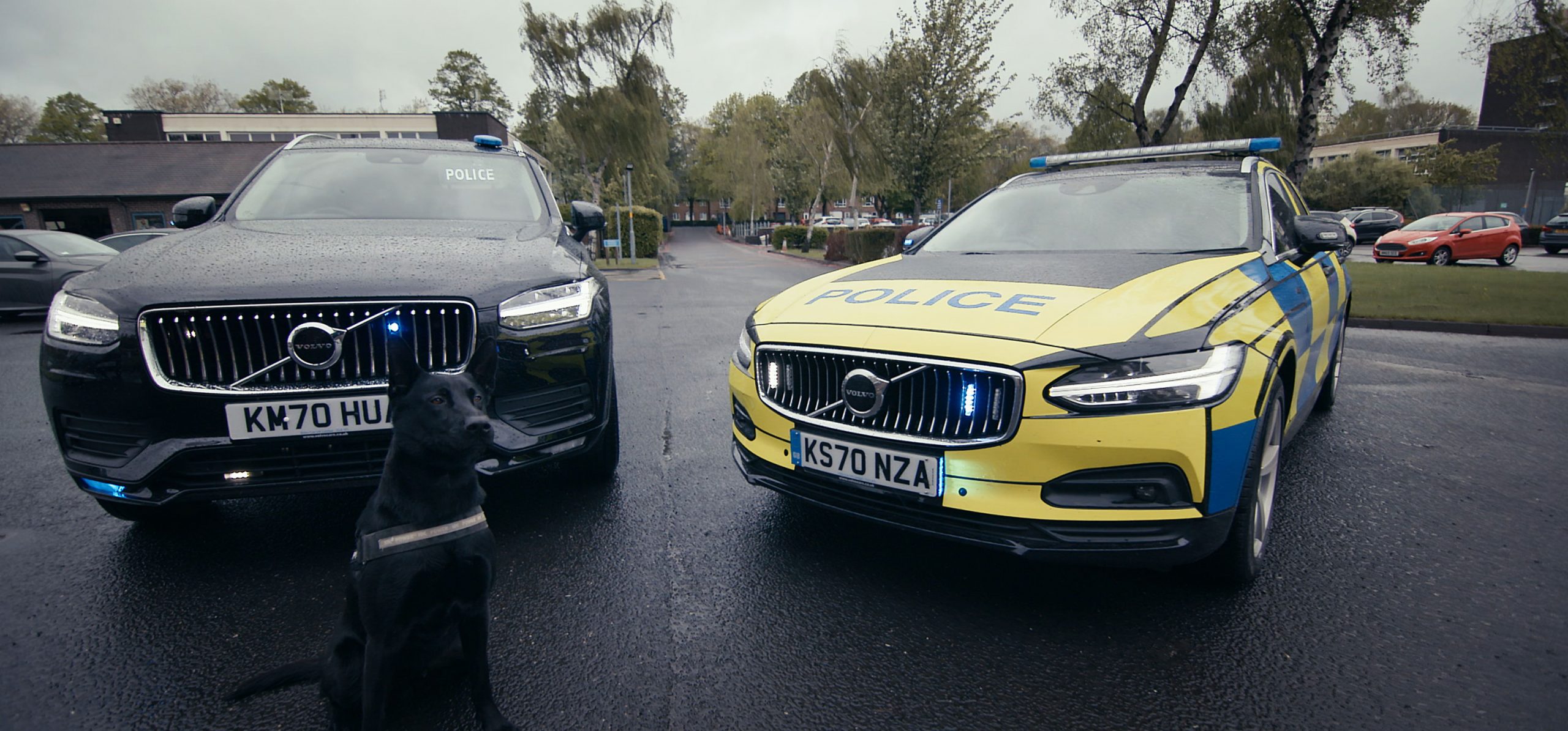 En svart bil och en polisbil framifrån.