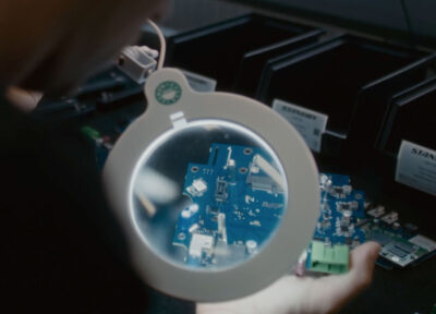 Vyn från en medarbetare genom ett förstoringsglas på ett kretskort.
