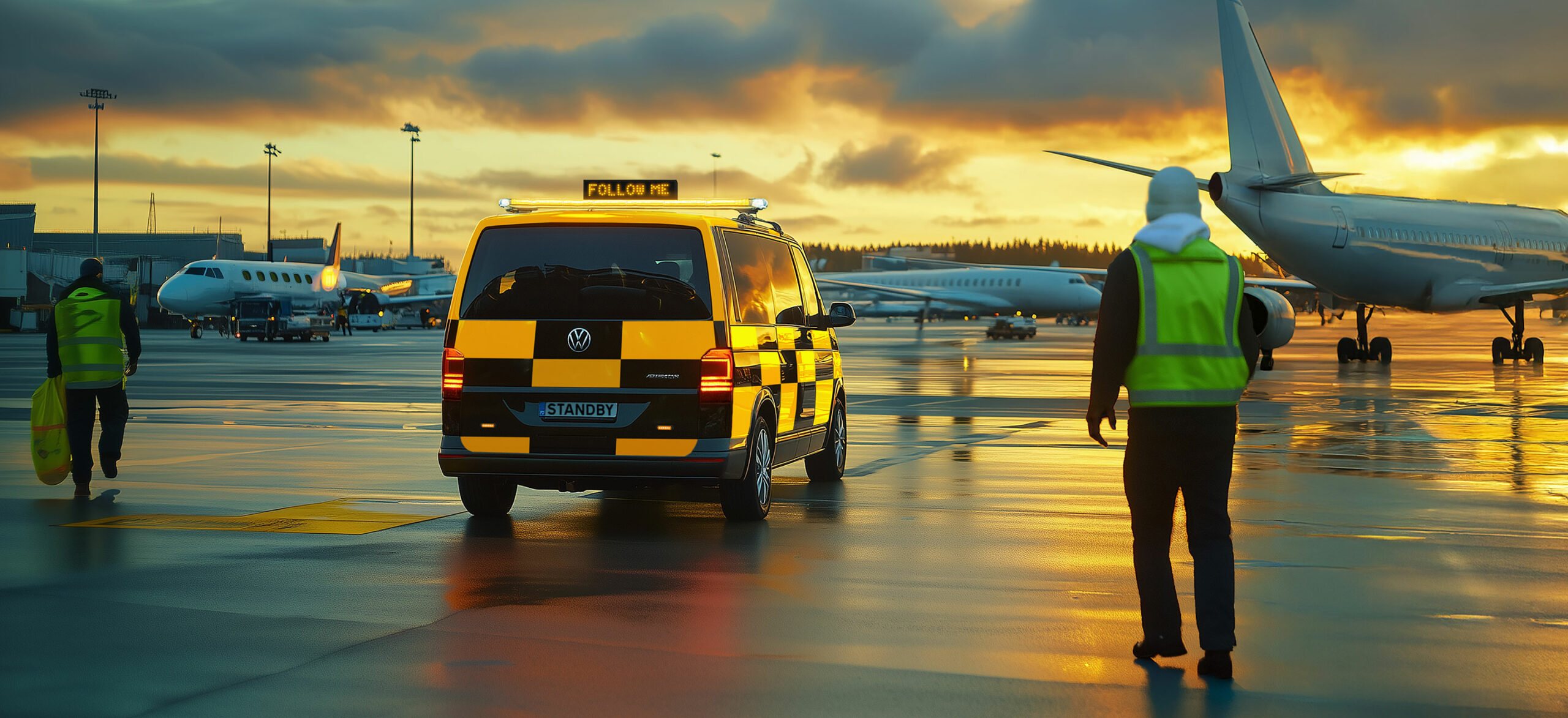 Fordon med Follow Me-skylt står på en flygplats med två stycken arbetare bredvid. Flygplan syns i bakgrunden.