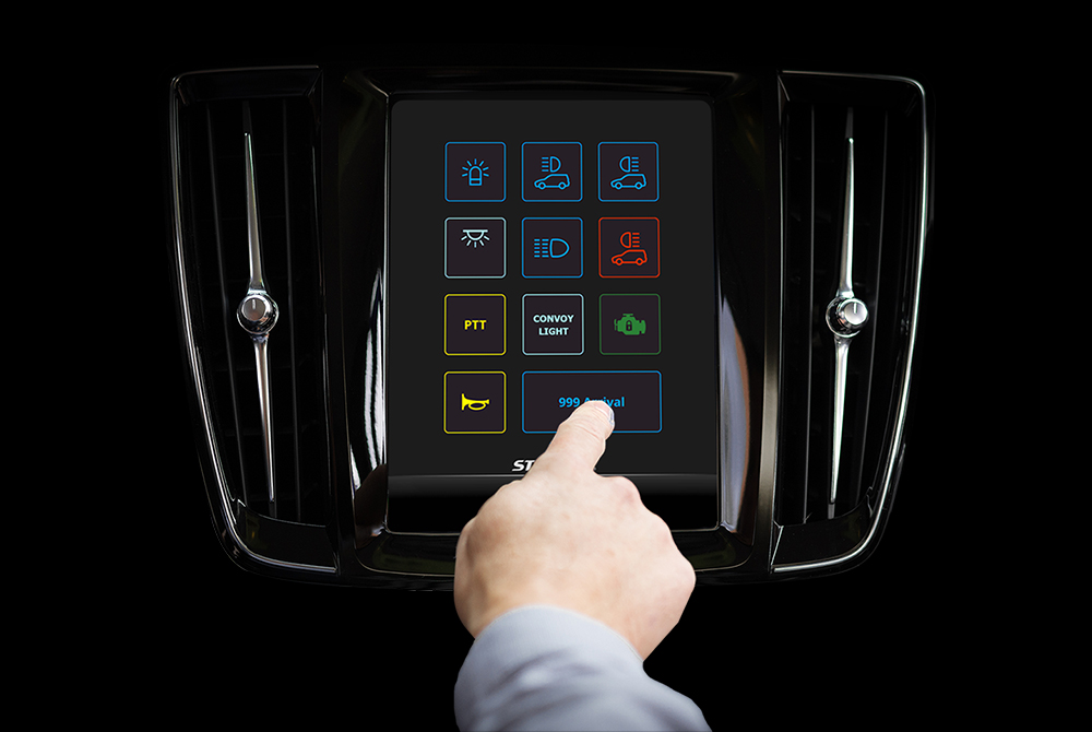 CARAT Switch Screen on Volvo Infotainment Centre with hand selecting 999 Arrival