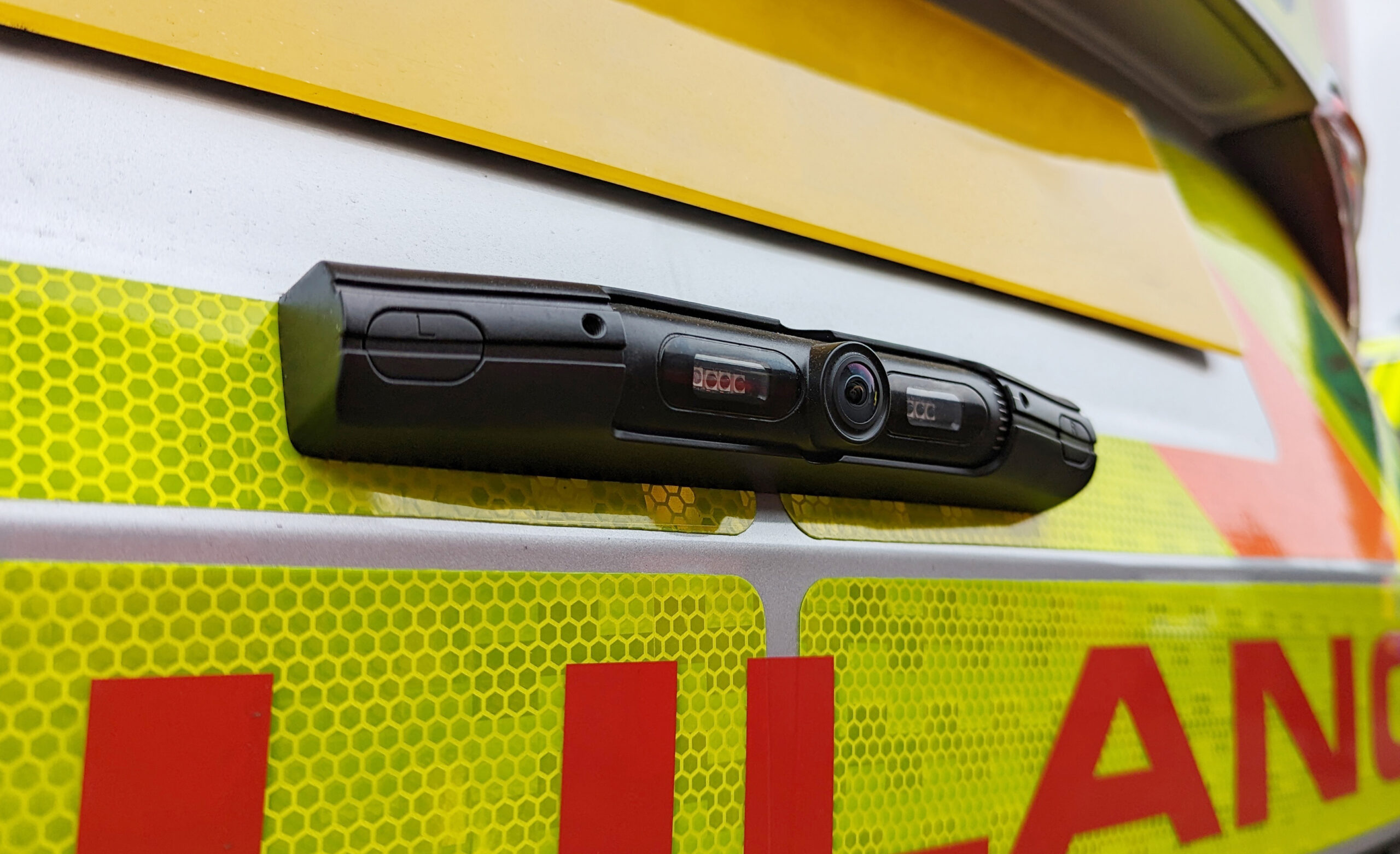 Clsoely Cropped Shot of License Plate Camera on the back of an Ambulance Rapid Response Vehicle