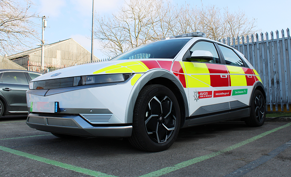 Avon Fire & Rescue Service Hyundai Ioniq Upward Angle View with Fire Livery and Blue Lightbar