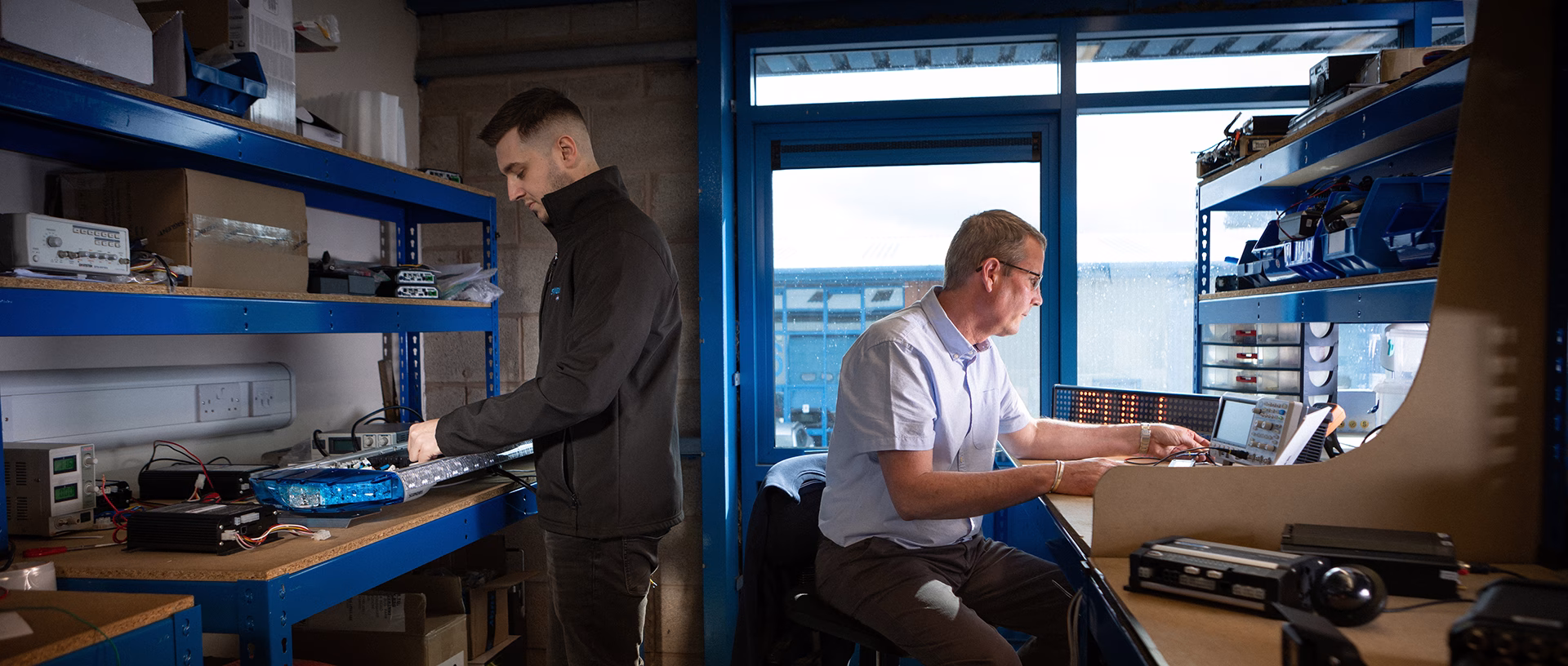 Two workers, one sitting and one standing back to back against a window working on various wiring tasks on workbenches