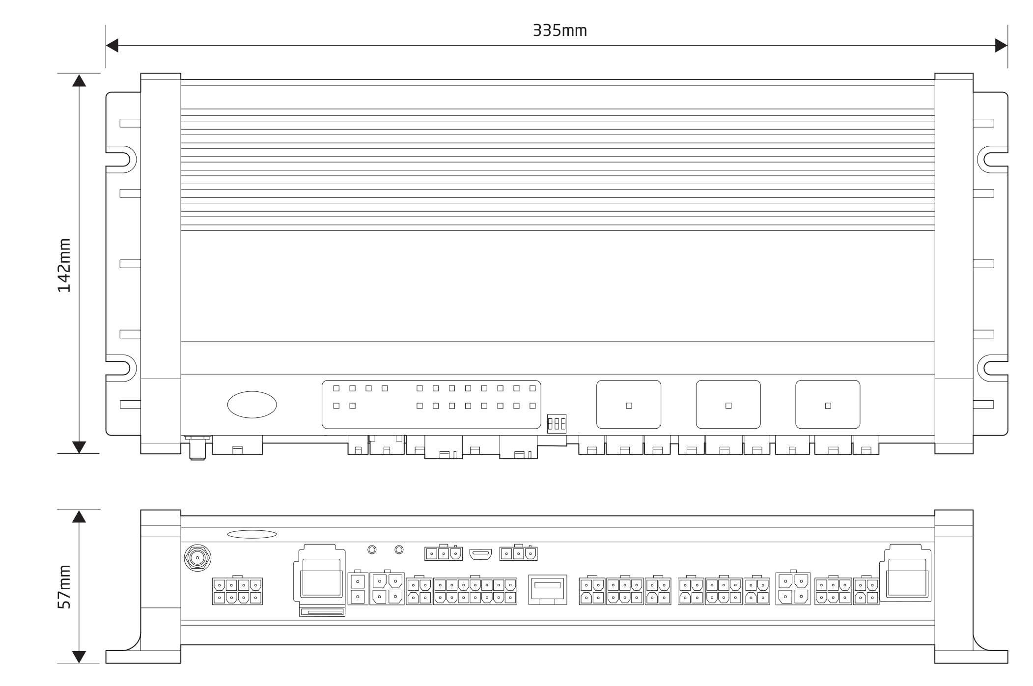 MCS-NX32 Dimensions showing 335mm width, 142mm height and 57mm depth
