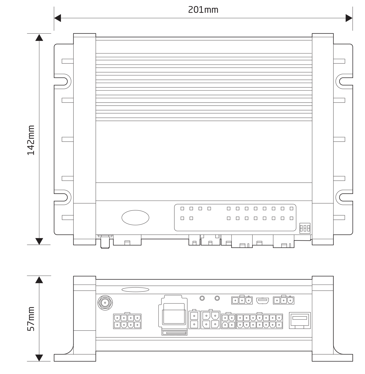 MCS-NX8 Dimensions showing 201mm width, 142mm height and 57mm depth