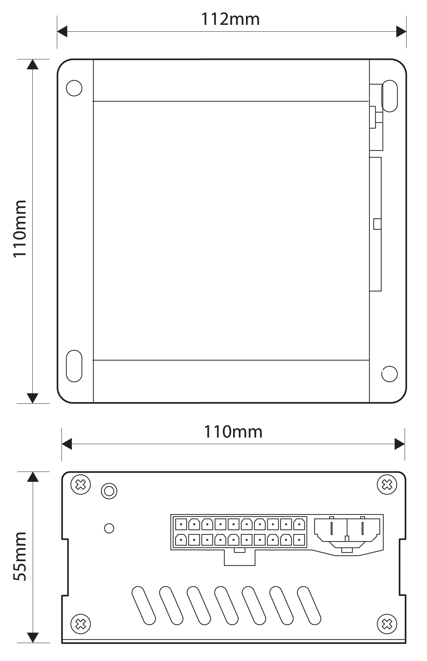 PAA-167-03 MCS-SSA Basic Stand-Alone 100w Siren Dimensions Illustration Showing 112 Width, 110mm Height and 55mm Depth