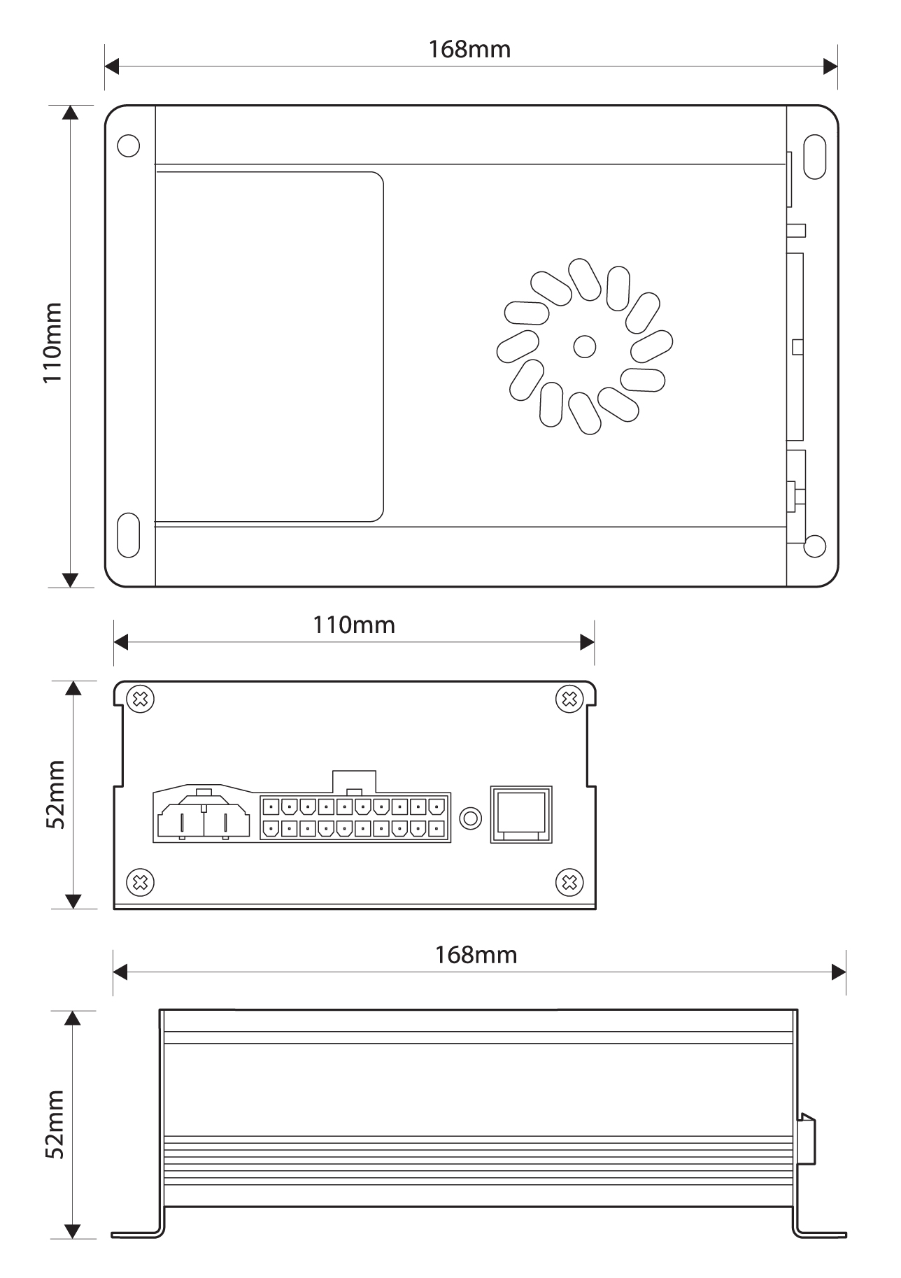UNI-SIR-001 MCS-SE Universal 100w Siren Dimensions Illustration Showing 168mm Height, 110mm Width and 52mm Depth