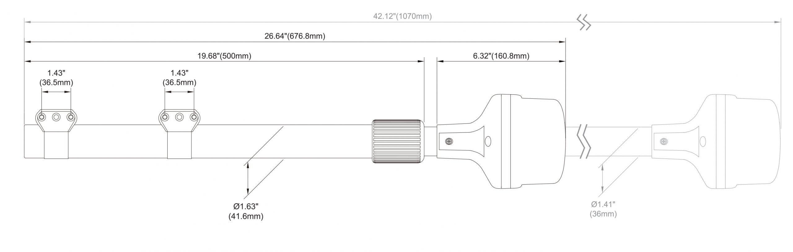 ATM-08AXA3-TP B16 Atom Telescopic Pole Mount Dimensions Illustration Showing 1070/676.8mm Length, 500mm Pole Length, 160.8mm Light Length and 41.6mm Pole Diameter