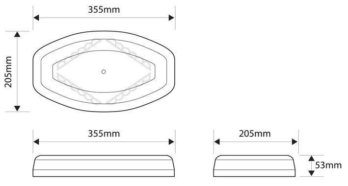 DBK-24AXA1-B1 Diamondback LED Mini Lightbar Dimensions Illustration Showing 355mm Length, 205mm Width and 53mm Depth