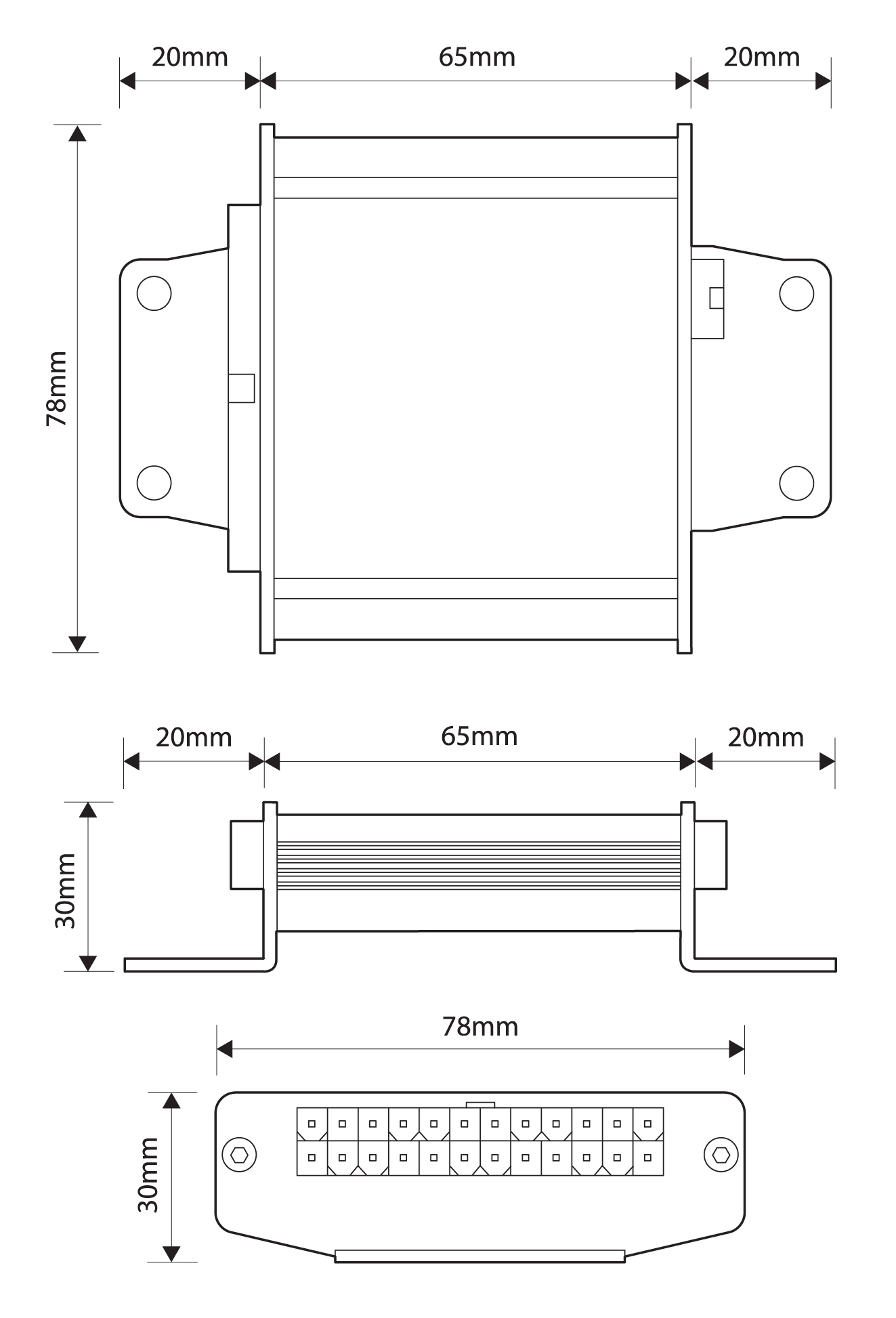 UNI-CAN-003 MCS-CANIO CAN Bus Interface Module Dimensions Illustration 105/65mm, 78mm Height and 30mm Depth