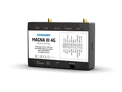 Magna III FleetMotus Telematics device at an angle on a white background with a dropshadow underneath.