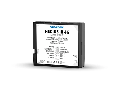 Medius III FleetMotus Telematics device at an angle on a white background with a dropshadow underneath.