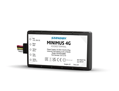 Minimus FleetMotus Telematics device at an angle on a white background with a dropshadow underneath. Multicoloured wires protrude from the lefthand side and loop around the back of the device.