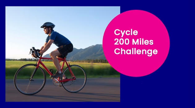 Cancer Research banner with cyclist reads 'cycle 200 miles challenge'. 