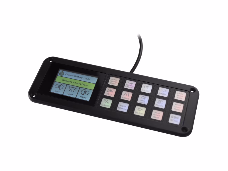 MCS-PTS-24 Control Panel with digital screen and 15 hard buttons isolated at an angle on a white background.