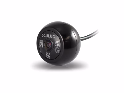 Angle view of an Oculux 1 spherical camera with cable and dropshadow on white background