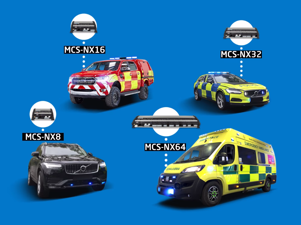 Blue graphic with different emergency vehicles and white callouts showing the suggested NX models for them.