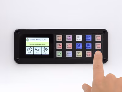 Hand pressing 999 mode button on an MCS-PTS-24 Control Panel isolated on a white background.