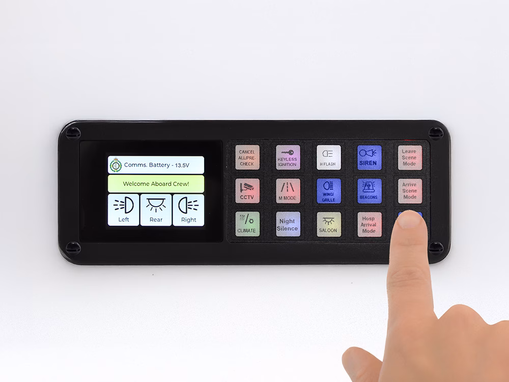 Hand pressing 999 mode button on an MCS-PTS-24 Control Panel isolated on a white background.