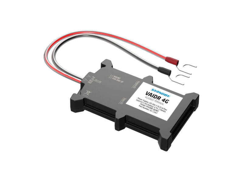 FleetMotus Vaidr 4G device angle view, lying down with red and black wires extending from the side and U shaped adaptors