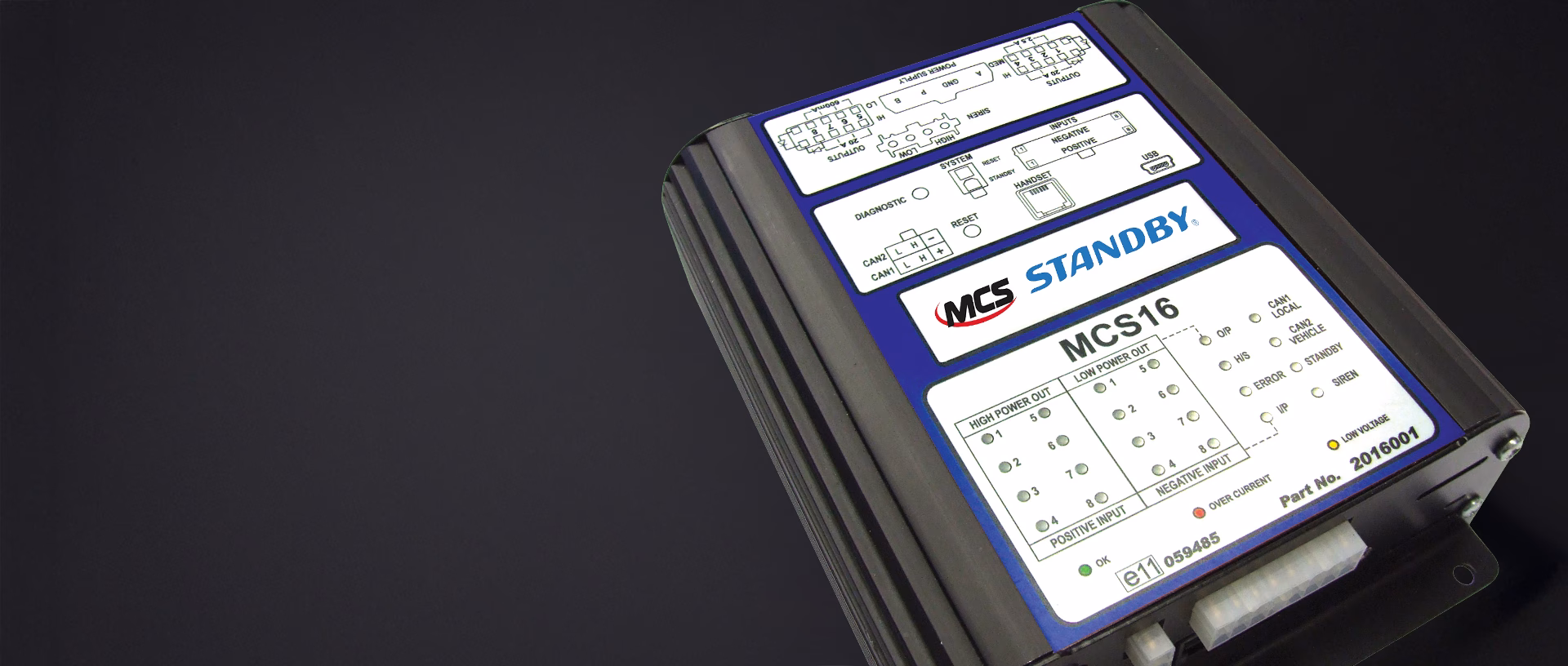 MCS16 Control Unit at an angle, on a dark background